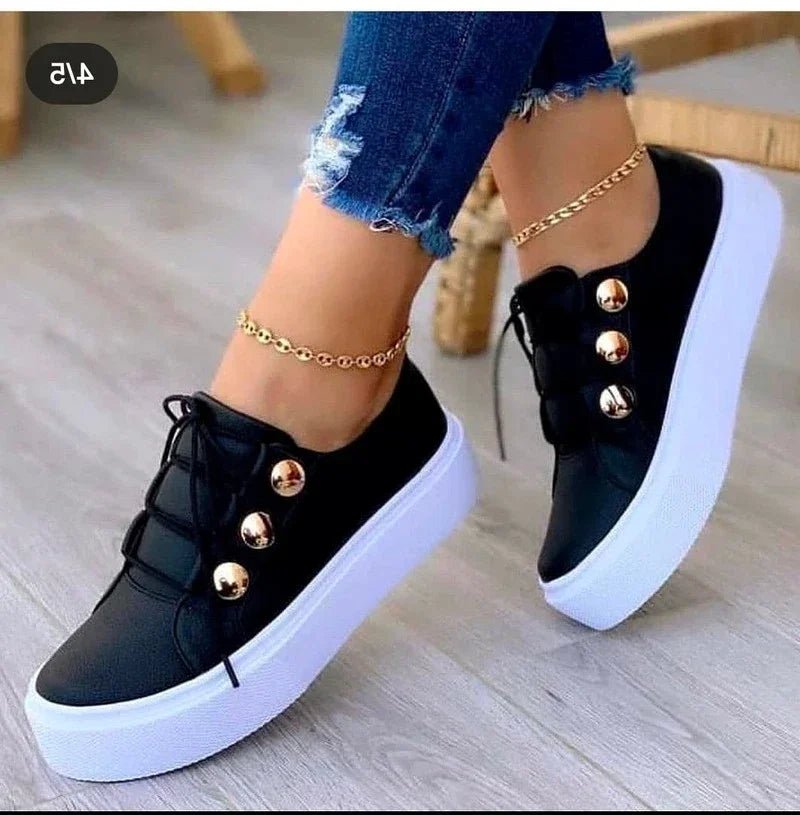 Poppy Women's Faux Leather Platform Lace Up Gold Stud Trainers, view 3