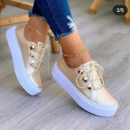 Poppy Women's Faux Leather Platform Lace Up Gold Stud Trainers, view 4