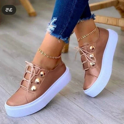 Poppy Women's Faux Leather Platform Lace Up Gold Stud Trainers, view 5