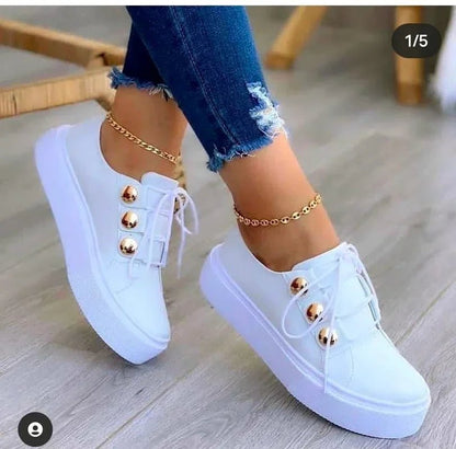 Poppy Women's Faux Leather Platform Lace Up Gold Stud Trainers, view 6