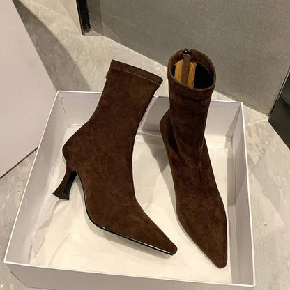 Cleo Women's Pointed Toe Kitten Heel Sock Ankle Boots, view 3