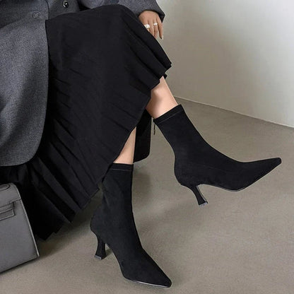 Cleo Women's Pointed Toe Kitten Heel Sock Ankle Boots, view 7