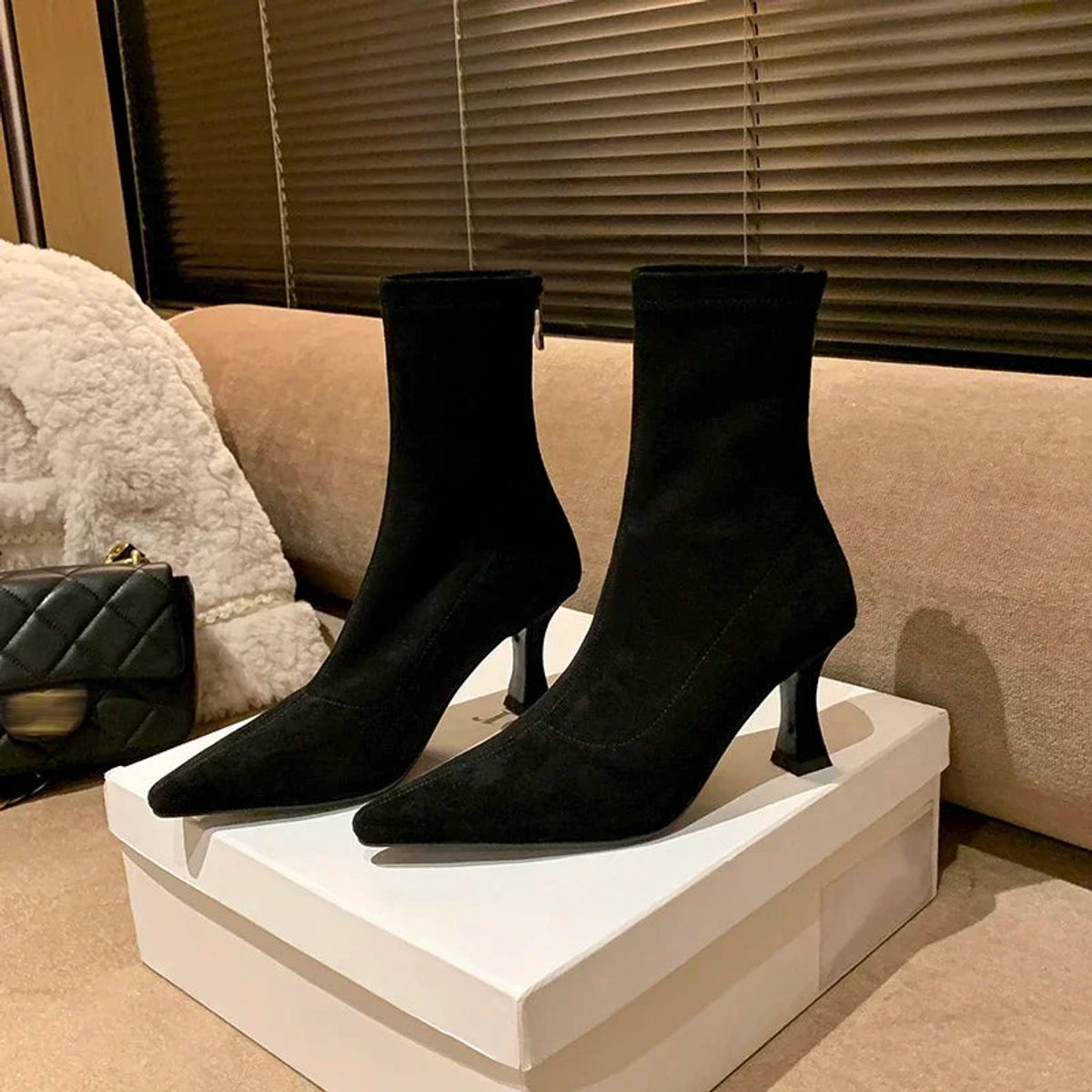 Cleo Women's Pointed Toe Kitten Heel Sock Ankle Boots, view 8