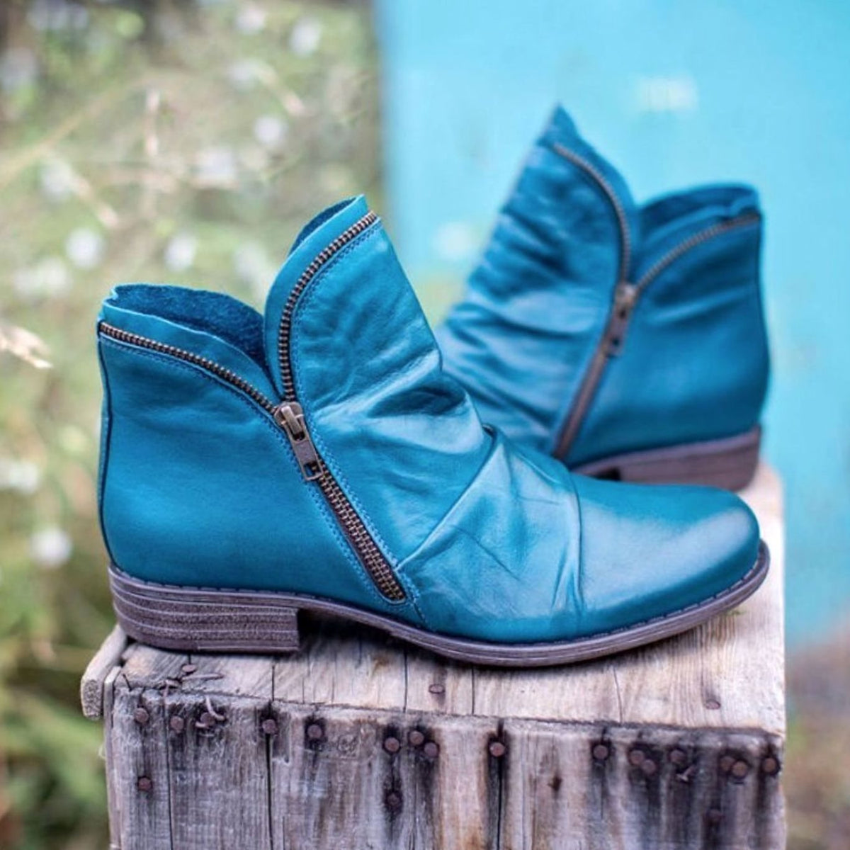 Willow Women's Ruched Leather Side Zip Low Block Heel Ankle Boots, view 7