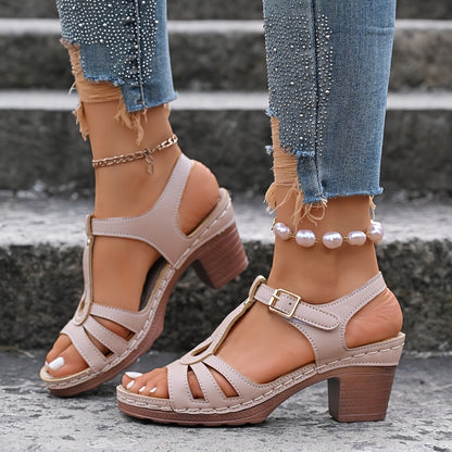Lottie Women's Faux Leather Buckle Block Heel Sandals, view 13