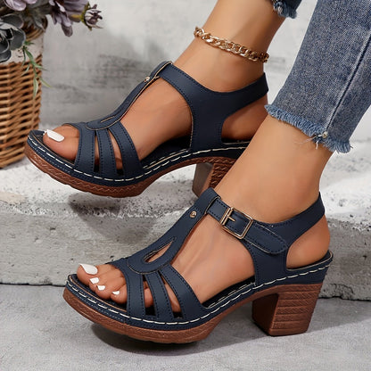 Lottie Women's Faux Leather Buckle Block Heel Sandals, view 15