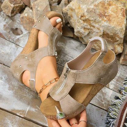 Maeve Women's Cork Look Front Zip Wedge Sandals, view 10