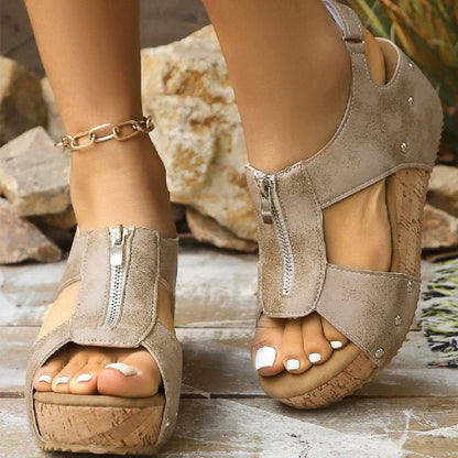 Maeve Women's Cork Look Front Zip Wedge Sandals, view 2