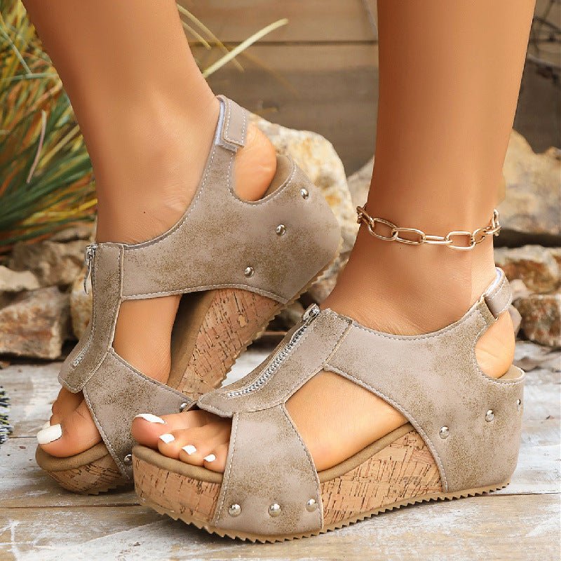 Maeve Women's Cork Look Front Zip Wedge Sandals, view 3