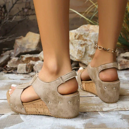 Maeve Women's Cork Look Front Zip Wedge Sandals, view 4