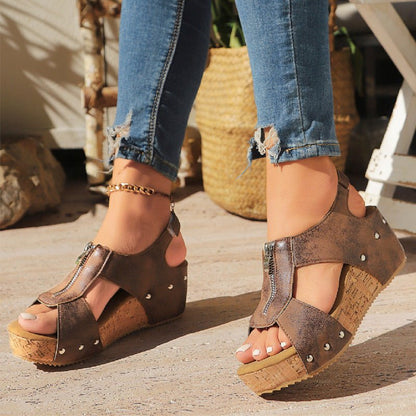 Maeve Women's Cork Look Front Zip Wedge Sandals, view 5