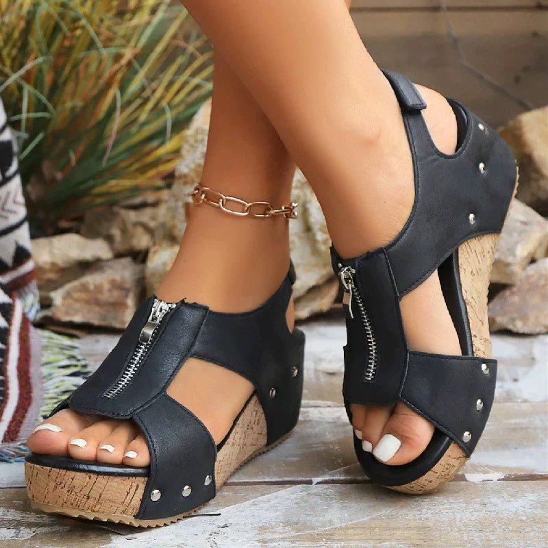 Maeve Women's Cork Look Front Zip Wedge Sandals, view 7