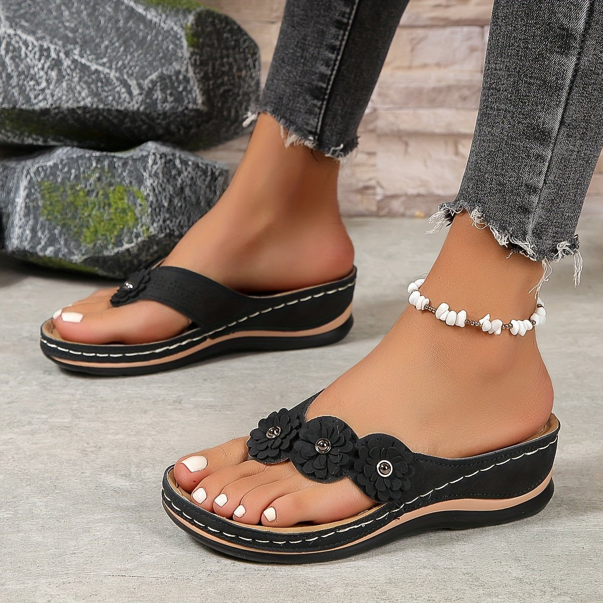 Elsie Women's Faux Leather Floral Toe Post Sandals, view 14