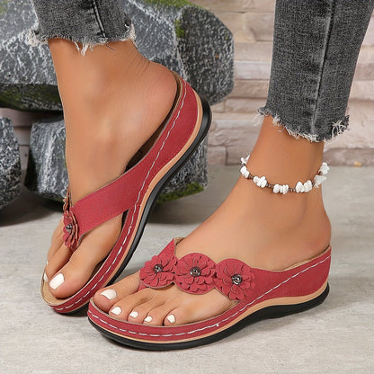 Elsie Women's Faux Leather Floral Toe Post Sandals, view 3