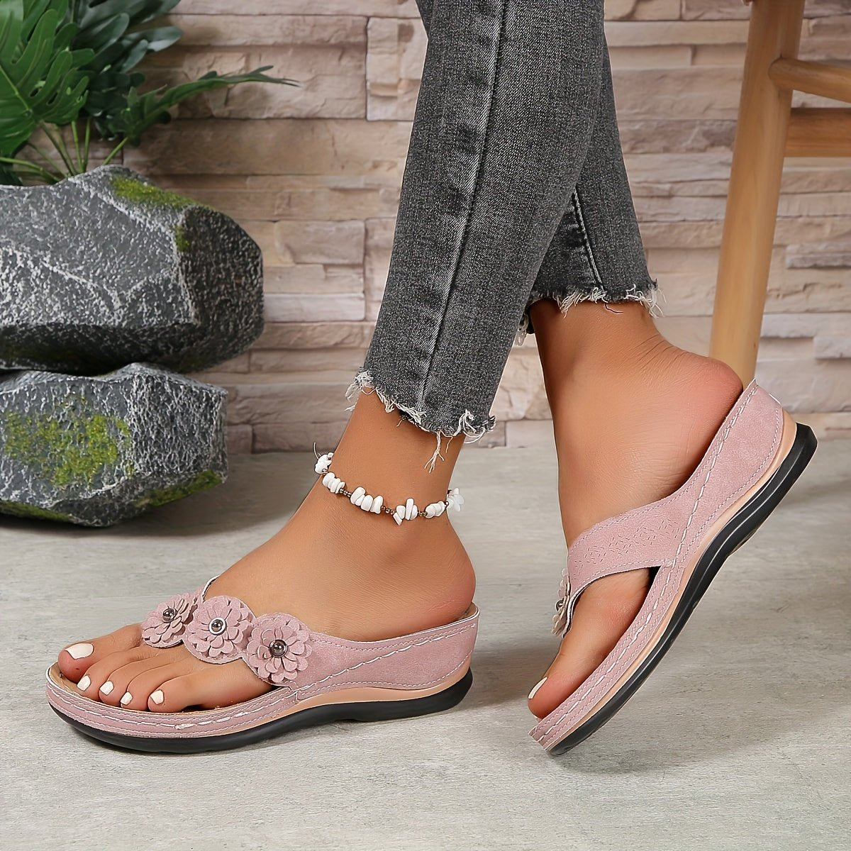 Elsie Women's Faux Leather Floral Toe Post Sandals, view 8