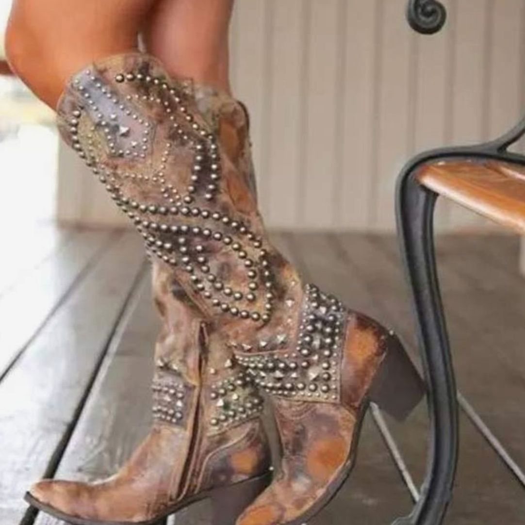 Esme Women's Studded Pointed Toe Knee High Western Boots, view 1