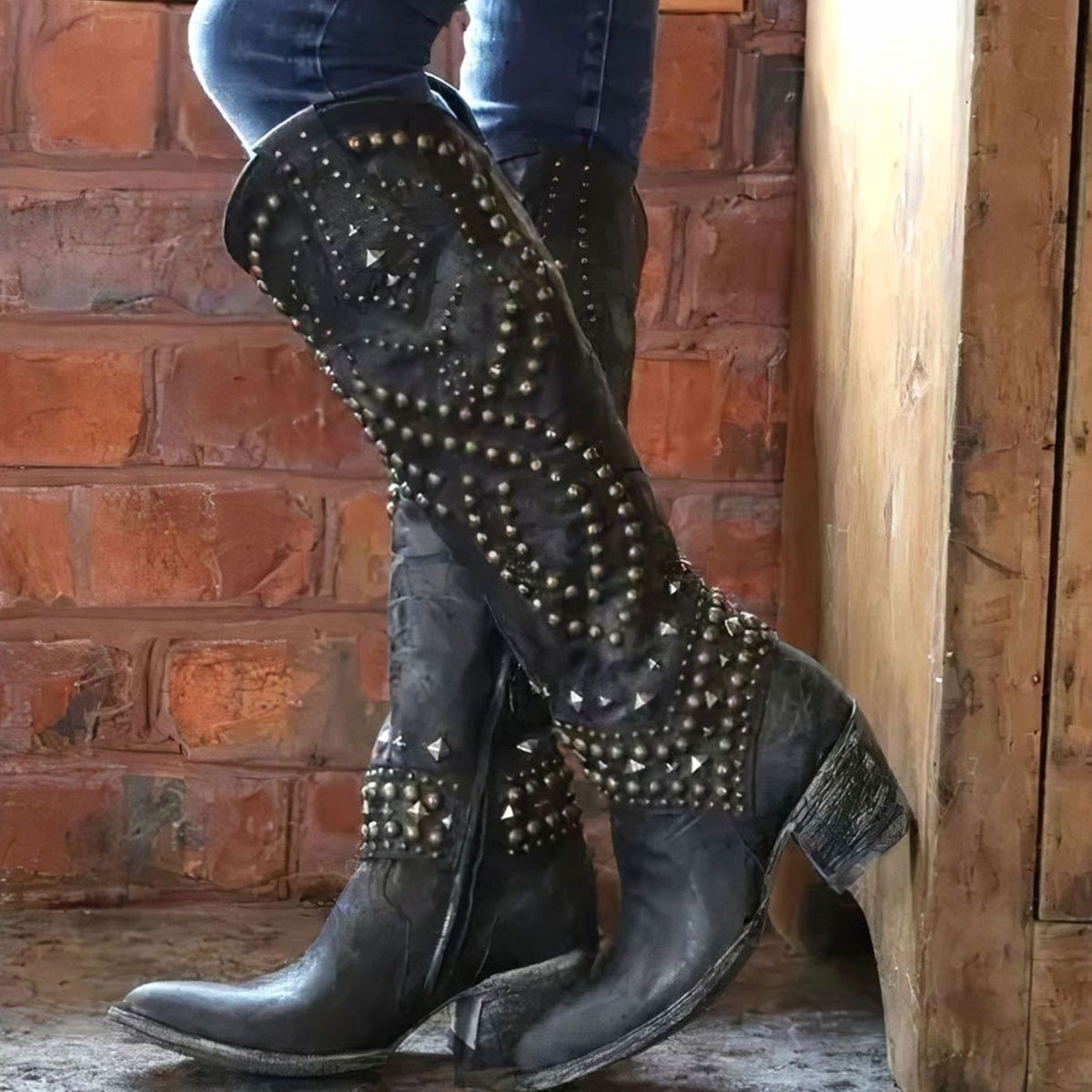 Esme Women's Studded Pointed Toe Knee High Western Boots, view 2