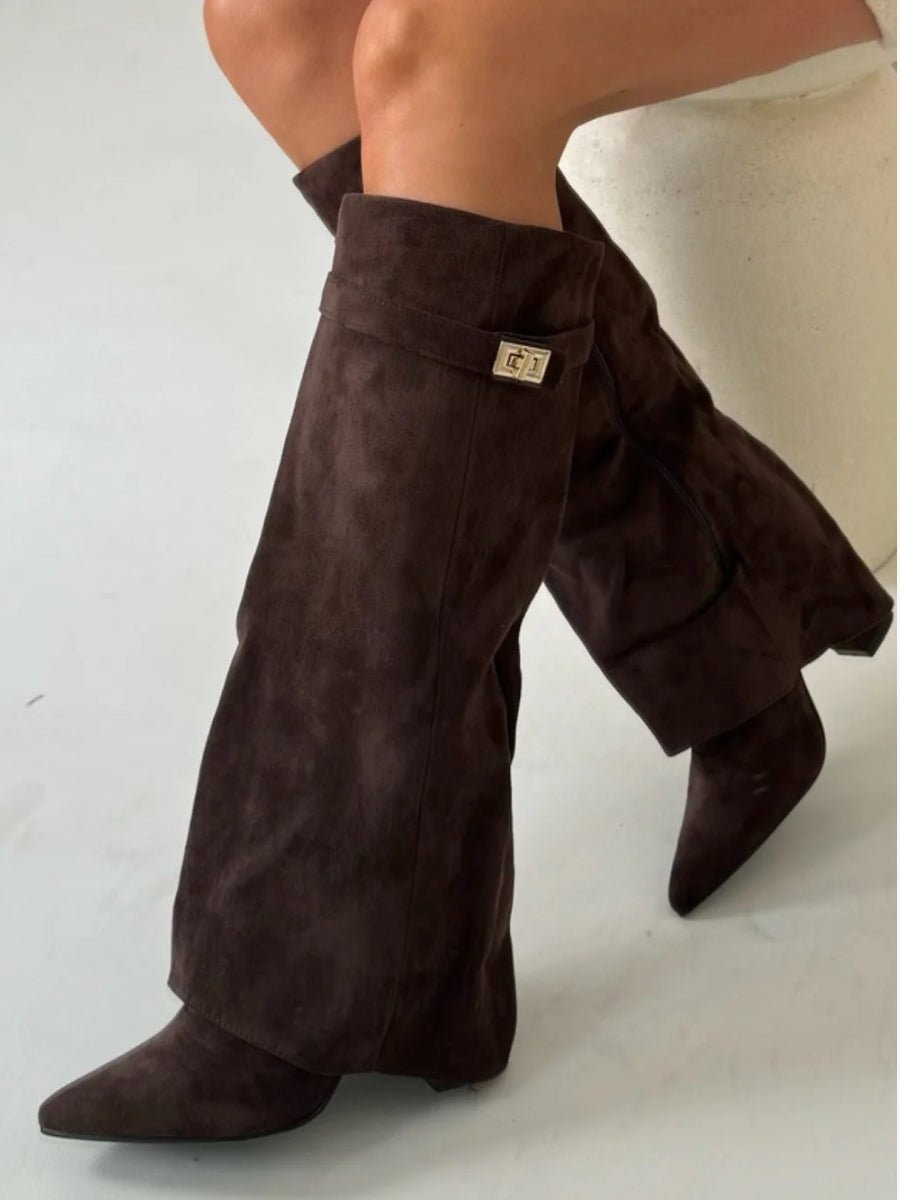 Harriet Women's Suede Gold Tone Hardware Knee High Boots, view 10