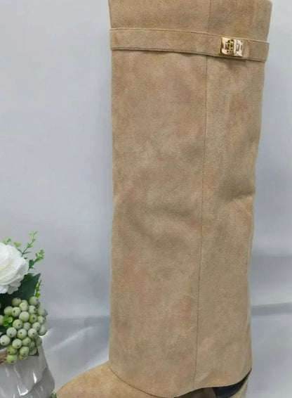 Celeste Women's Suede Pointed Toe Wedge Heel Thigh High Boots, view 1