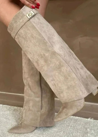Celeste Women's Suede Pointed Toe Wedge Heel Thigh High Boots, view 4
