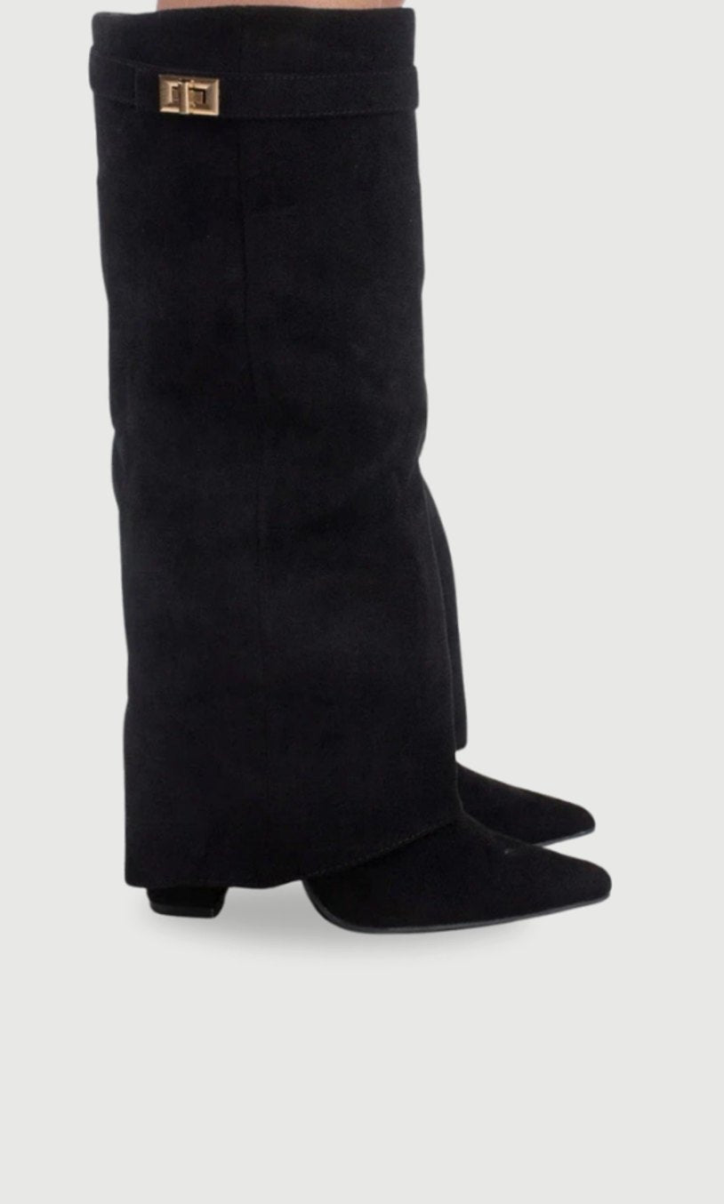 Juno Women's Suede Pointed Toe Gold Tone Buckle Thigh High Boots, view 2