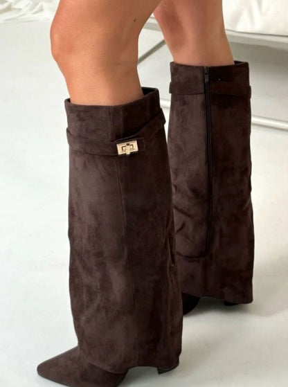 Juno Women's Suede Pointed Toe Gold Tone Buckle Thigh High Boots, view 12