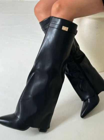 Juno Women's Suede Pointed Toe Gold Tone Buckle Thigh High Boots, view 13