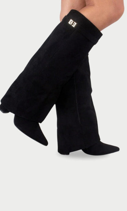 Juno Women's Suede Pointed Toe Gold Tone Buckle Thigh High Boots, view 16
