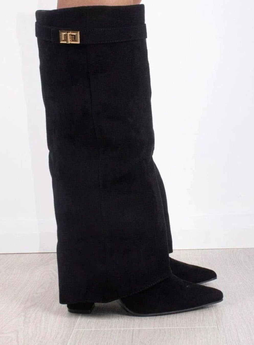 Juno Women's Suede Pointed Toe Gold Tone Buckle Thigh High Boots, view 1
