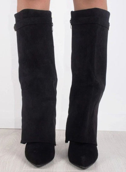 Juno Women's Suede Pointed Toe Gold Tone Buckle Thigh High Boots, view 4