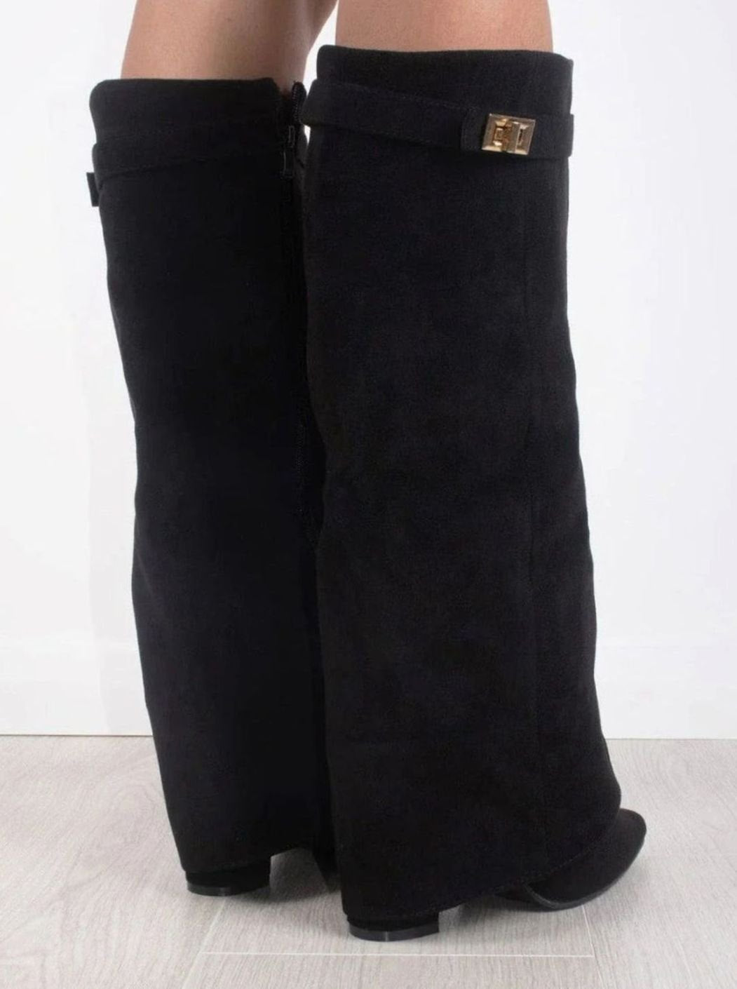 Juno Women's Suede Pointed Toe Gold Tone Buckle Thigh High Boots, view 5