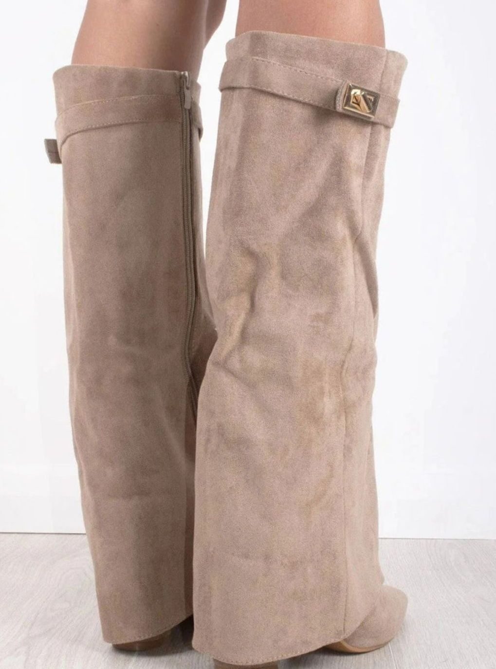 Juno Women's Suede Pointed Toe Gold Tone Buckle Thigh High Boots, view 8
