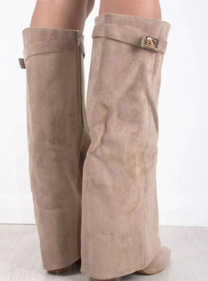 Juno Women's Suede Pointed Toe Gold Tone Buckle Thigh High Boots, view 8