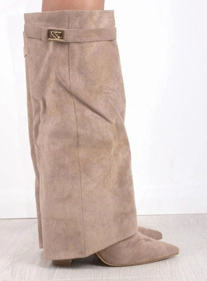 Juno Women's Suede Pointed Toe Gold Tone Buckle Thigh High Boots, view 9