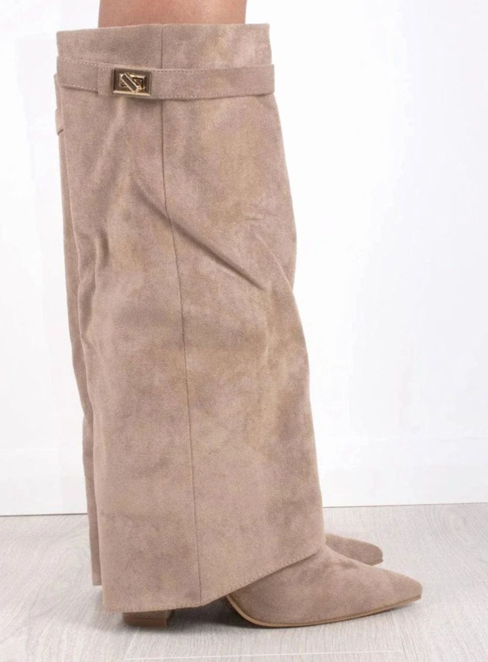 Juno Women's Suede Pointed Toe Gold Tone Buckle Thigh High Boots, view 9