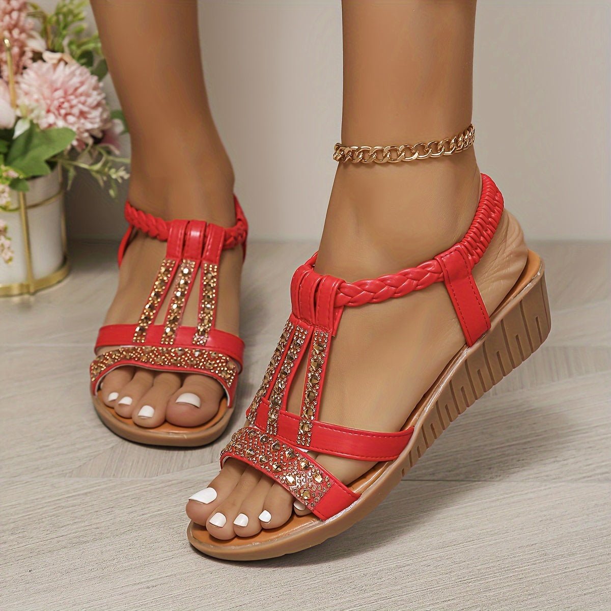 Robyn Women's T Strap Stone Detail Wedge Sandals, view 1