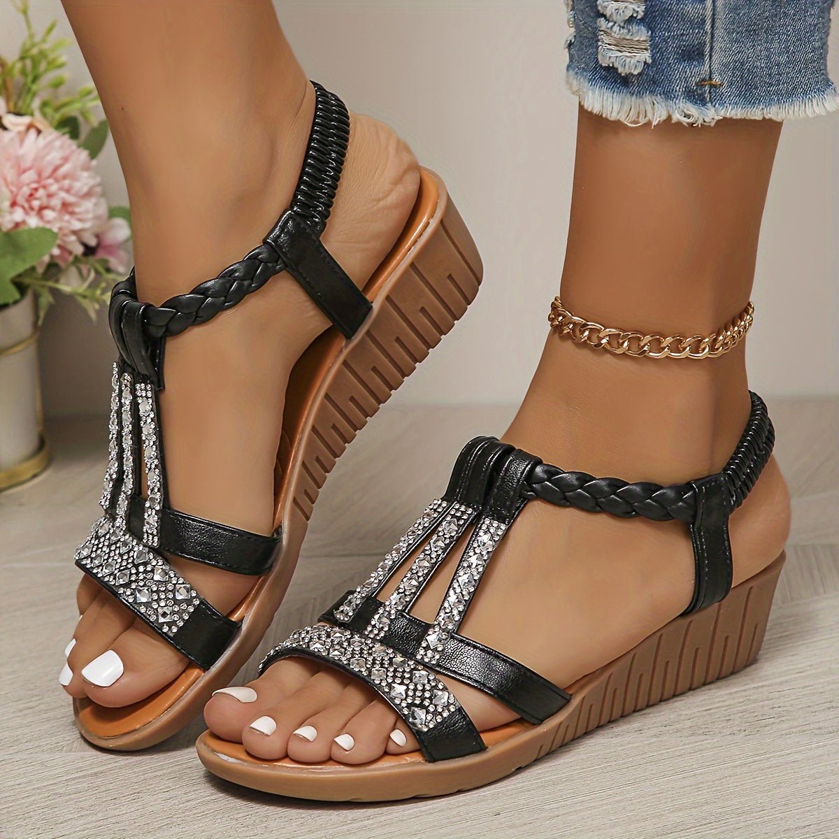 Robyn Women's T Strap Stone Detail Wedge Sandals, view 11