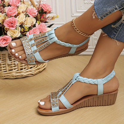 Robyn Women's T Strap Stone Detail Wedge Sandals, view 15