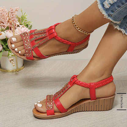 Robyn Women's T Strap Stone Detail Wedge Sandals, view 2