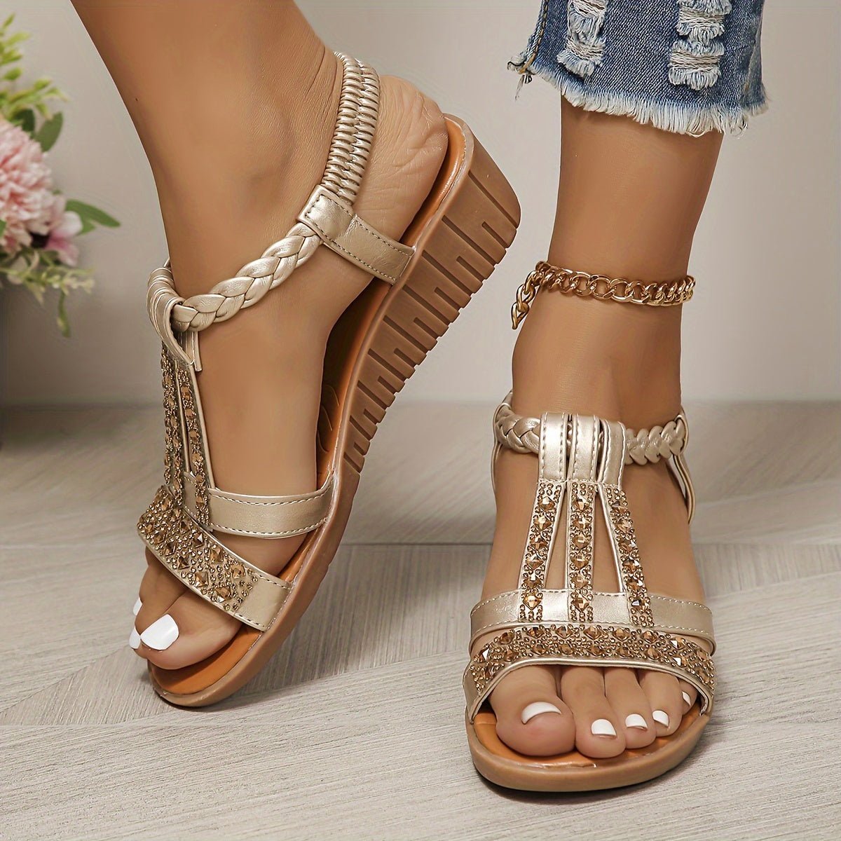 Robyn Women's T Strap Stone Detail Wedge Sandals, view 3