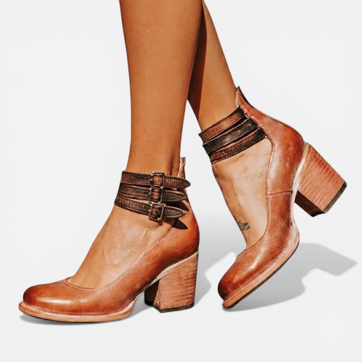 Poppy Women's Leather Look Double Buckle Block Heel Ankle Boots, view 2