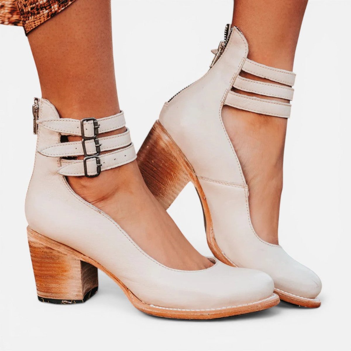 Poppy Women's Leather Look Double Buckle Block Heel Ankle Boots, view 4