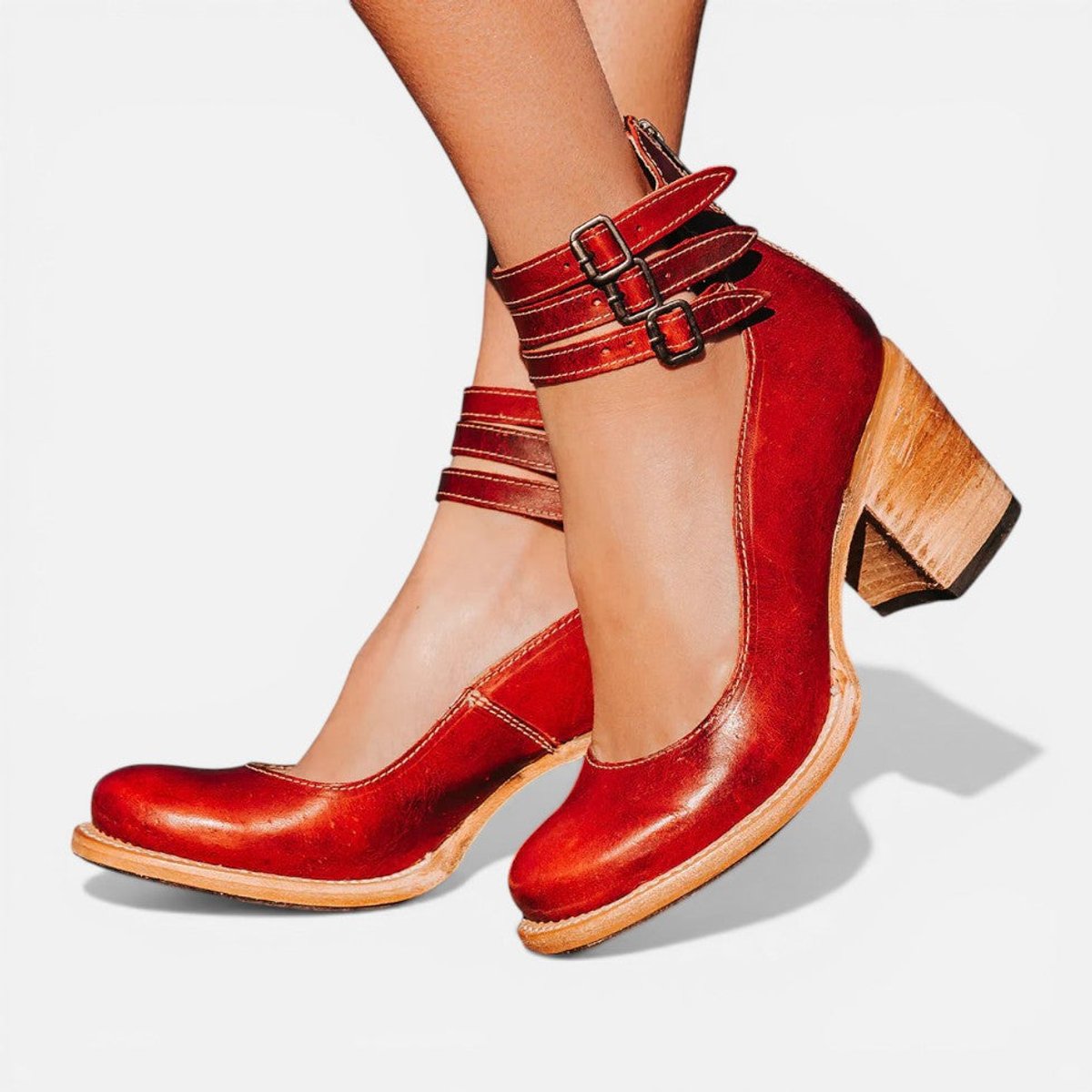 Poppy Women's Leather Look Double Buckle Block Heel Ankle Boots, view 5