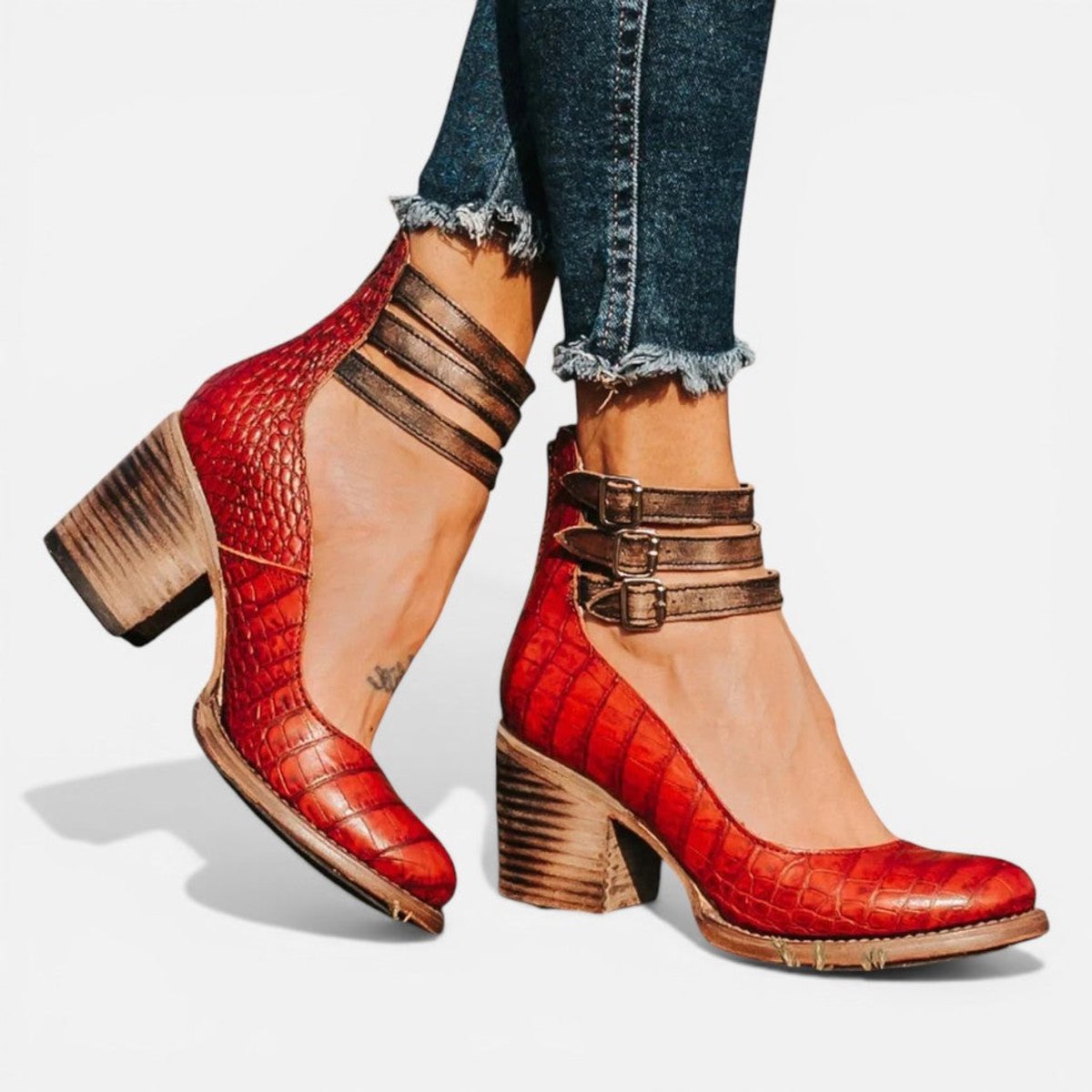 Poppy Women's Leather Look Double Buckle Block Heel Ankle Boots, view 6
