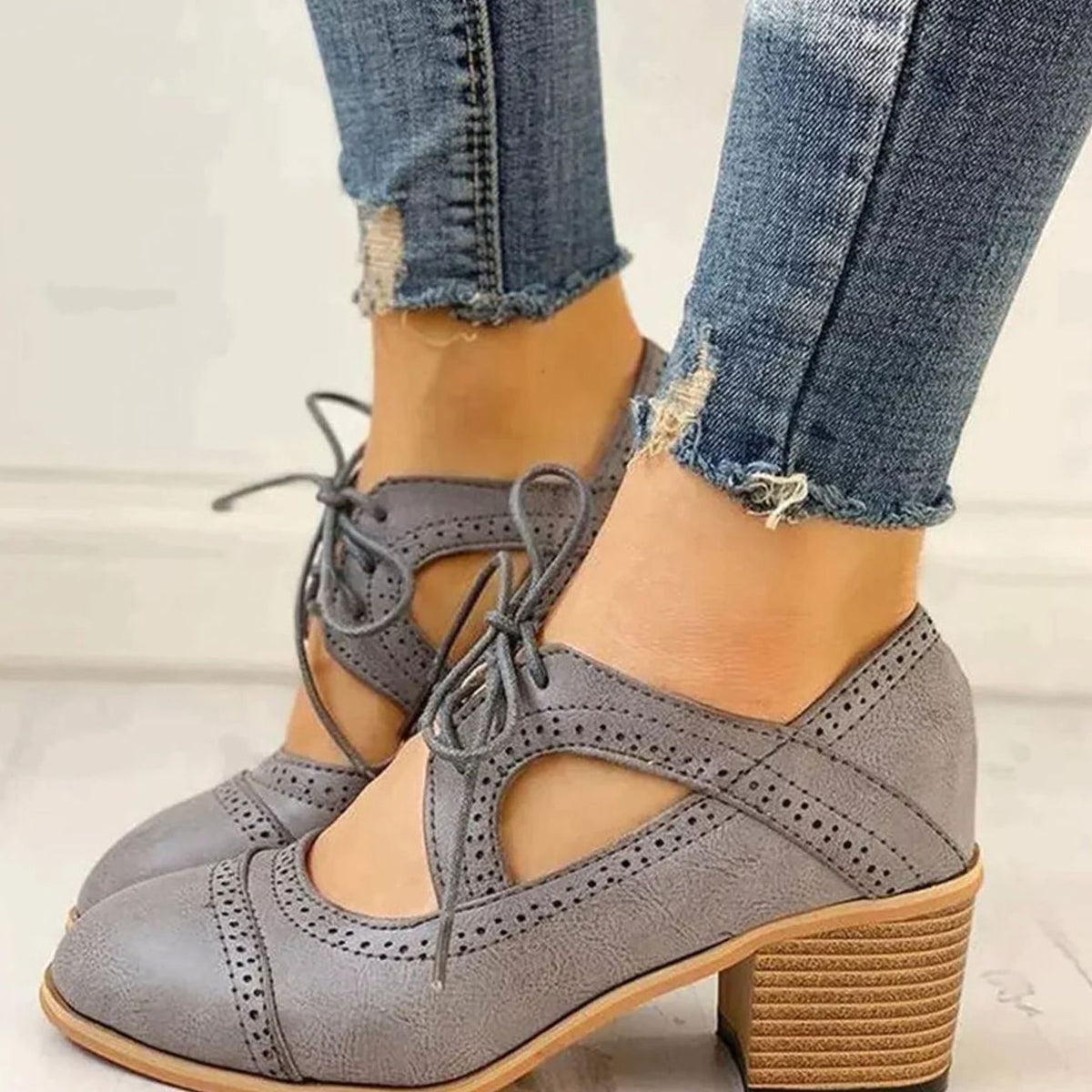 Cleo Women's Lace Up Block Heel T Strap Brogues, view 1