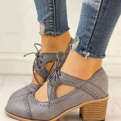 Cleo Women's Lace Up Block Heel T Strap Brogues, view 1