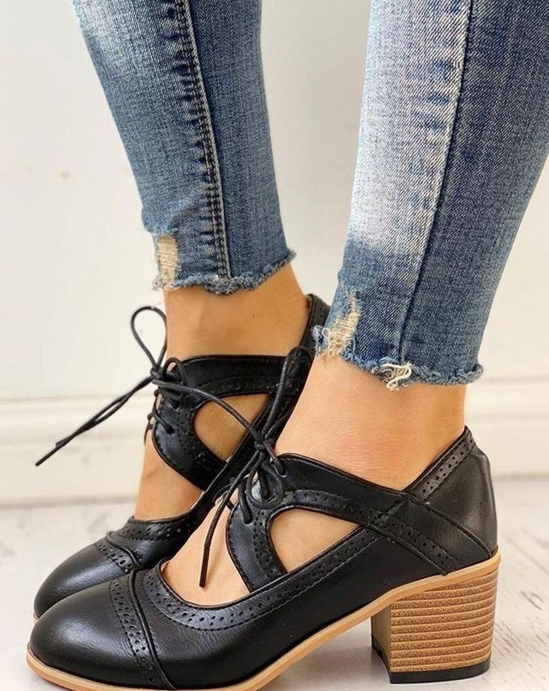 Cleo Women's Lace Up Block Heel T Strap Brogues, view 3