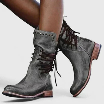 Imogen Women's Faux Leather Lace Up Studded Low Block Heel Knee High Boots, view 1