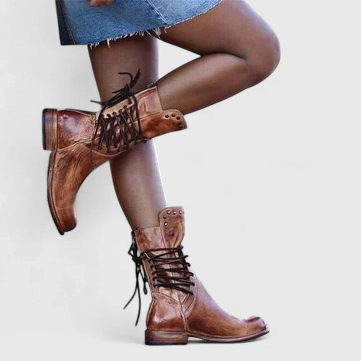 Imogen Women's Faux Leather Lace Up Studded Low Block Heel Knee High Boots, view 2