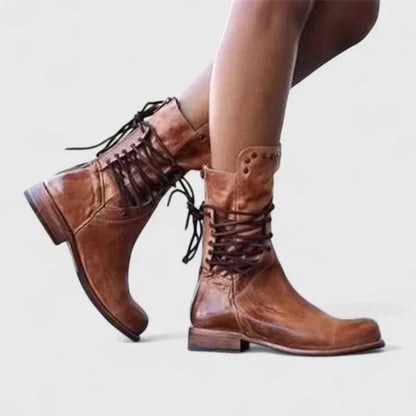 Imogen Women's Faux Leather Lace Up Studded Low Block Heel Knee High Boots, view 3